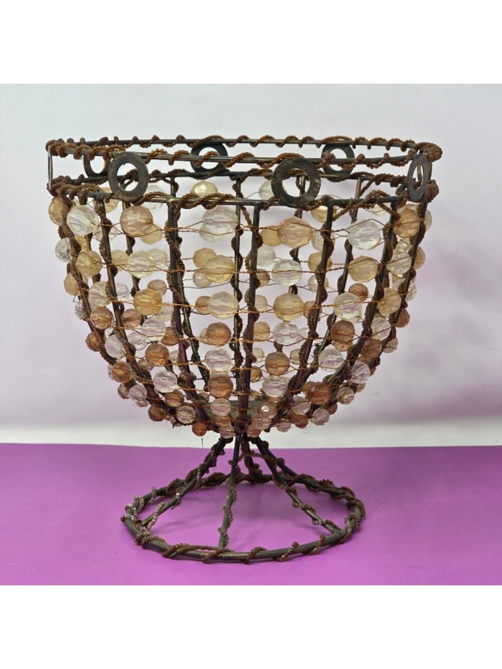 Beaded Metal Wire Pedestal Basket Bowl Amber Clear Beads Rustic Design Boho